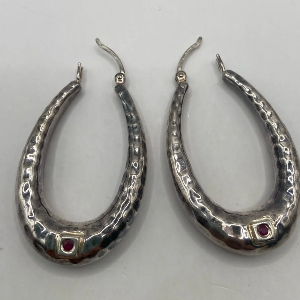 Elle Sterling Silver 925 Ruby Oval Hammered Earrings Pierced 1 3/4”L